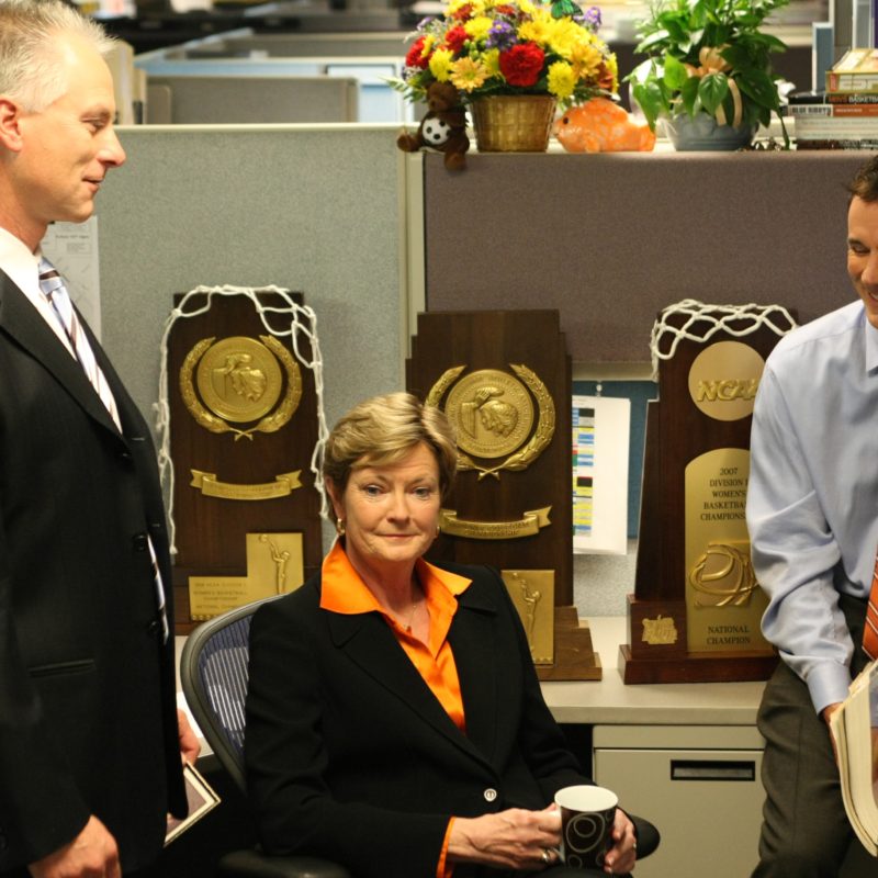 In Oct. 2007, Pat Summitt starred in a “This Is SportsCenter” spot with anchors Kenny Mayne (left) and John Buccigross. (Scott Clarke/ESPN Images)