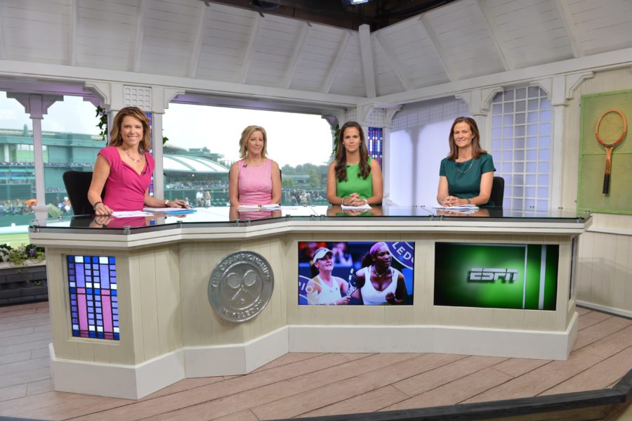 (L to R) ESPN's Hannah Storm, Chris Evert, Mary Joe Fernandez and Pam Shriver report during the126th staging of the Wimbledon Championships at the All England Lawn Tennis and Croquet Club in Wimbledon in 2012. (Allen Kee/ESPN Images).