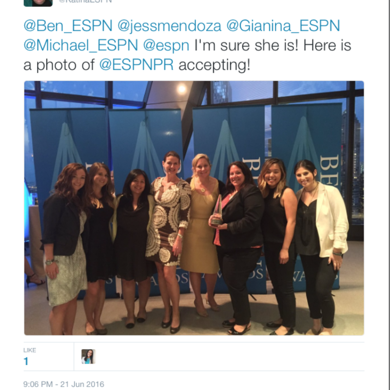 ESPN Communications colleagues celebrate the Beacon Award for “Jessica Mendoza Makes History.”