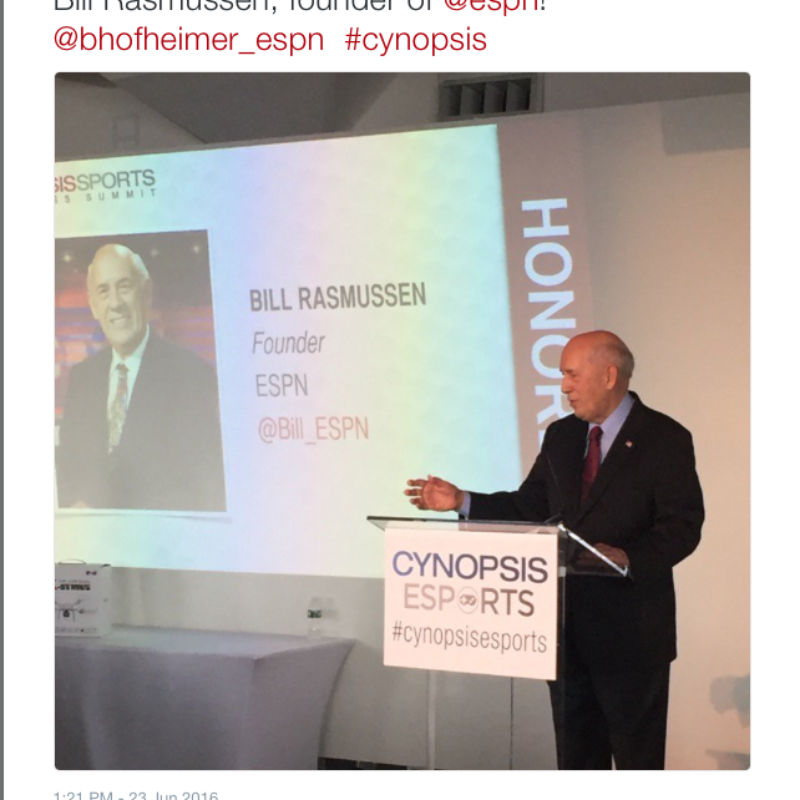 ESPN Founder and former company president Bill Rasmussen was inducted into the Cynopsis Sports Hall of Fame in New York.. (Courtesy of Chris McKee’s Twitter feed)