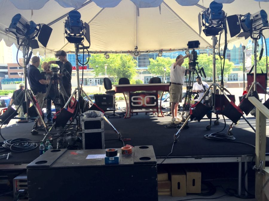The main SportsCenter set outside Louisville's KFC Yum! Center gets final preparations for Friday's day-long coverage. (Ashoka Moore/ESPN)