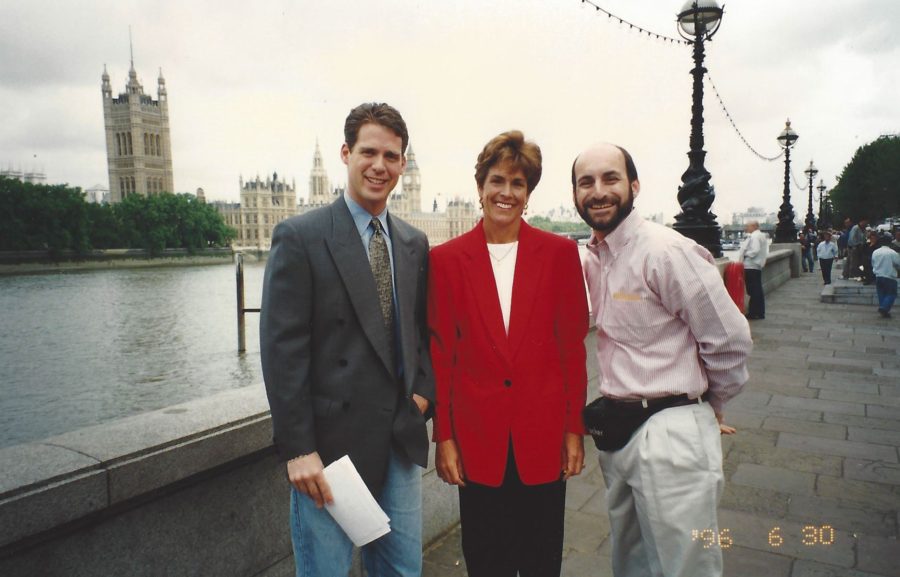 (L-R) SportsCenter correspondent Brett Haber, tennis analyst Betsy Nagelsen and producer Willie Weinbaum take a break from reporting from Wimbledon on June 30, 1996. (Photo courtesy of Betsy Nagelsen)
