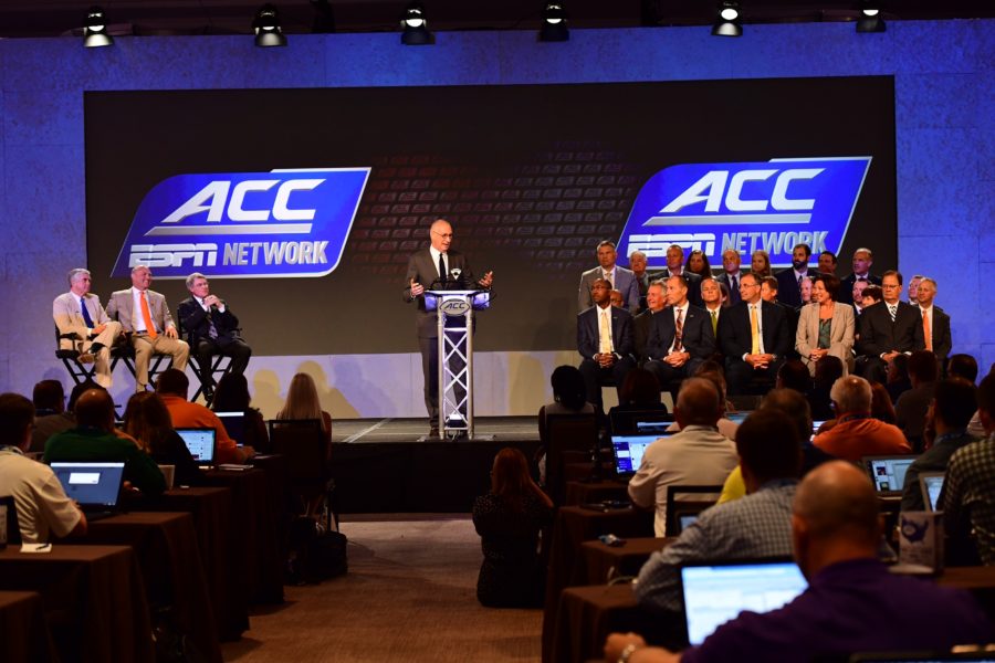 ESPN President John Skipper addresses the announcement of the ACC Network during the ACC Media Day. (Phil Ellsworth / ESPN Images)