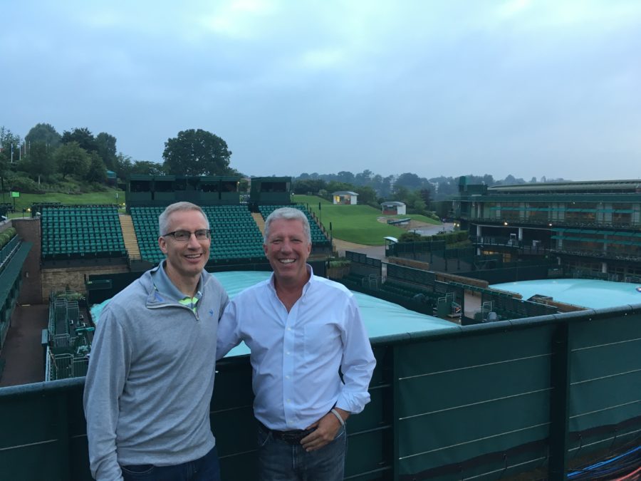 Mark Gross (left) and Vice President, Event Production, Jamie Reynolds, overlooking Court 18, just outside the ESPN offices at Wimbledon. Reynolds is the head of production for ESPN’s exclusive coverage of Wimbledon. 