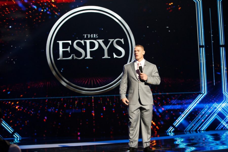 At the Microsoft Theatre in Los Angeles, host John Cena rehearses for tonight's ESPYS Presented by Capital One. (Eddie Perlas/ESPN Images)