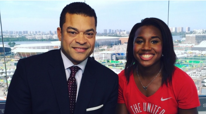 Earlier this month in Rio, SportsCenter anchor Michael Eaves interviewed Olympic gold medal-winning swimmer Simone Manuel from Team USA. (Photo courtesy of Michael Eaves' Twitter feed)