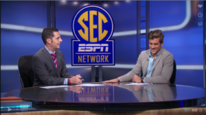 SEC Network host Dari Nowkhah (left) talks football with new college football studio analyst Jordan Rodgers. 