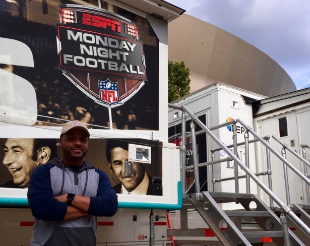 ESPN content associate Corey Taylor, a New Orleans native, was a caterer the night of the 2006 Falcons-Saints game in the Superdome. Tonight, he's working for ESPN's Monday Night Football crew. (Photo courtesy of Corey Taylor/ESPN)