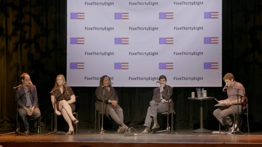 (L-R) FiveThirtyEight’s Editor-in-Chief Nate Silver, senior political writer Clare Malone, senior writer Farai Chideya, senior political writer and analyst Harry Enten and producer and moderator Jody Avirgan.