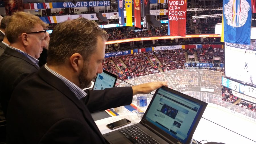 ESPN.com NHL editor Paul Grant sets up shop covering the World Cup of Hockey in Toronto. (Mike Skarka/ESPN)