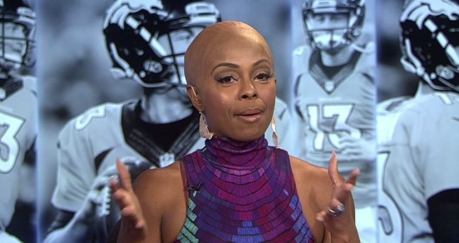 Josina Anderson sports a bald cap on His & Hers.