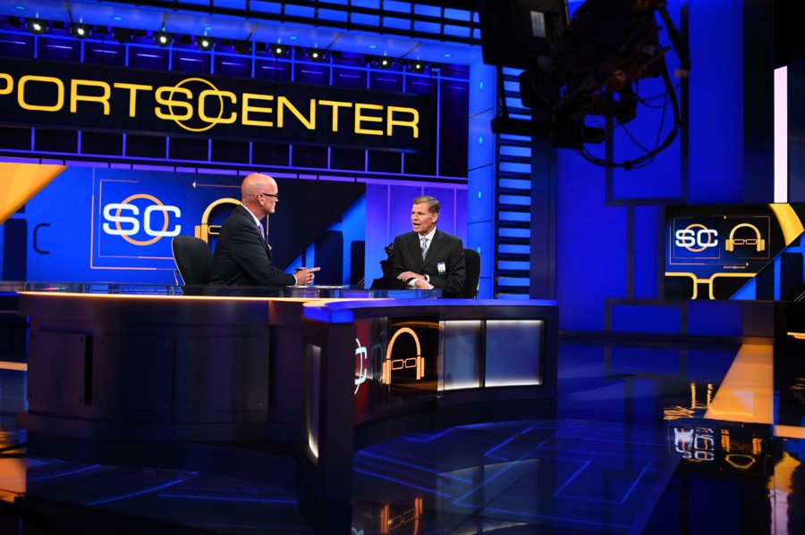 Bristol, CT - September 7, 2015 - Studio X: Scott Van Pelt (l) welcomes former SportsCenter anchor Dan Patrick to the set. (Joe Faraoni/ESPN Images) 