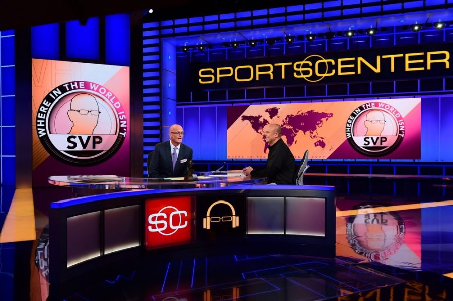 Scott Van Pelt (L) and producer Stanford Steve Coughlin on the set of SportsCenter Sept. 7, 2015. (Joe Faraoni/ESPN Images)