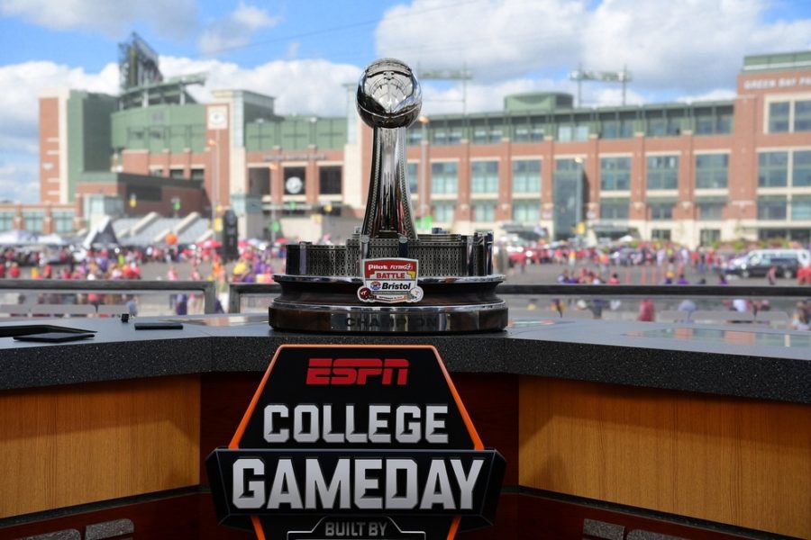 The NASCAR Battle of Bristol Trophy visited the set of College GameDay last week at Lambeau Field.  (Photo by Phil Ellsworth / ESPN Images)