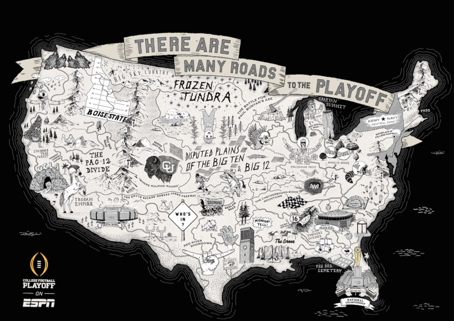 Artist Brendan Donnelly and ad agency Wieden+Kennedy worked with ESPN to create a visual road map to the College Football Playoff.  
