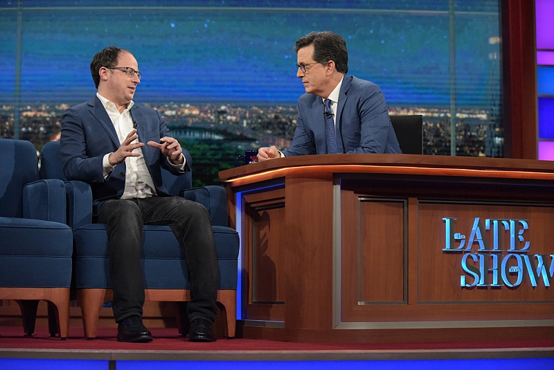 FiveThirtyEight's Nate Silver (left) with host of the The Late Show with Stephen Colbert. (Scott Kowalchyk/CBS)