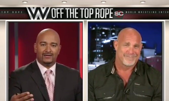 SportsCenter anchor and former WWE host Jonathan Coachman (L) interviewed Goldberg for an October "Off The Top Rope" segment. 