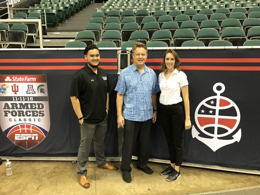 (L-R) Gianni Minga, Daryl Garvin and Tamarah Tabor team to help ESPN Events stage the Armed Forces Classic in Honolulu. (Photo courtesy of Daryl Garvin)