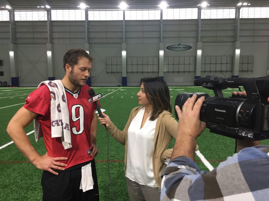 ESPN Reporter Michele Steele interviews Detroit Lions QB Matthew Stafford in preparation for tomorrow's Thanksgiving game vs. the Minnesota Vikings