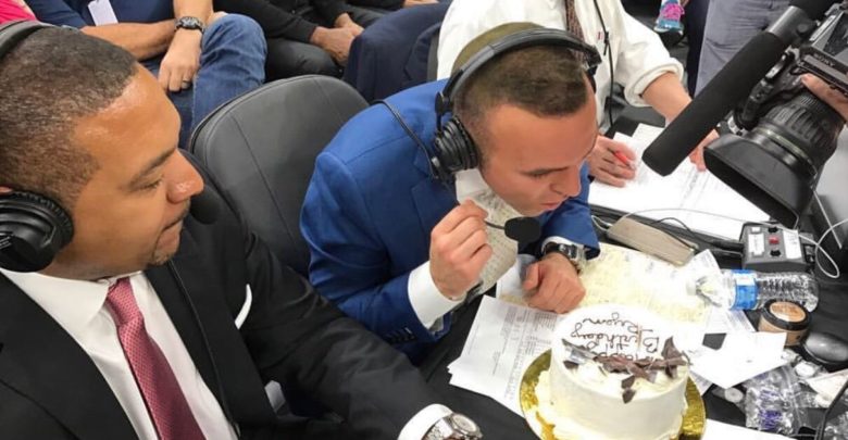 Photo of ESPN NBA colleagues help Ryan Ruocco celebrate his 30th birthday