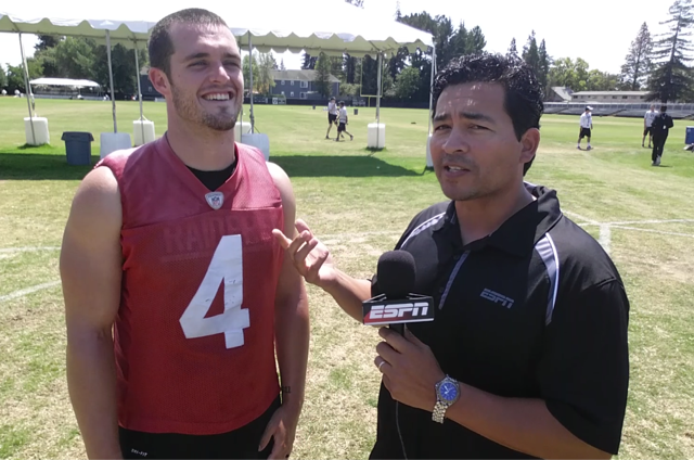 NFL Nation reporter Paul Gutierrez (R) interviews Oakland Raiders quarterback Derek Carr. (Photo courtesy of Paul Gutierrez/ESPN)