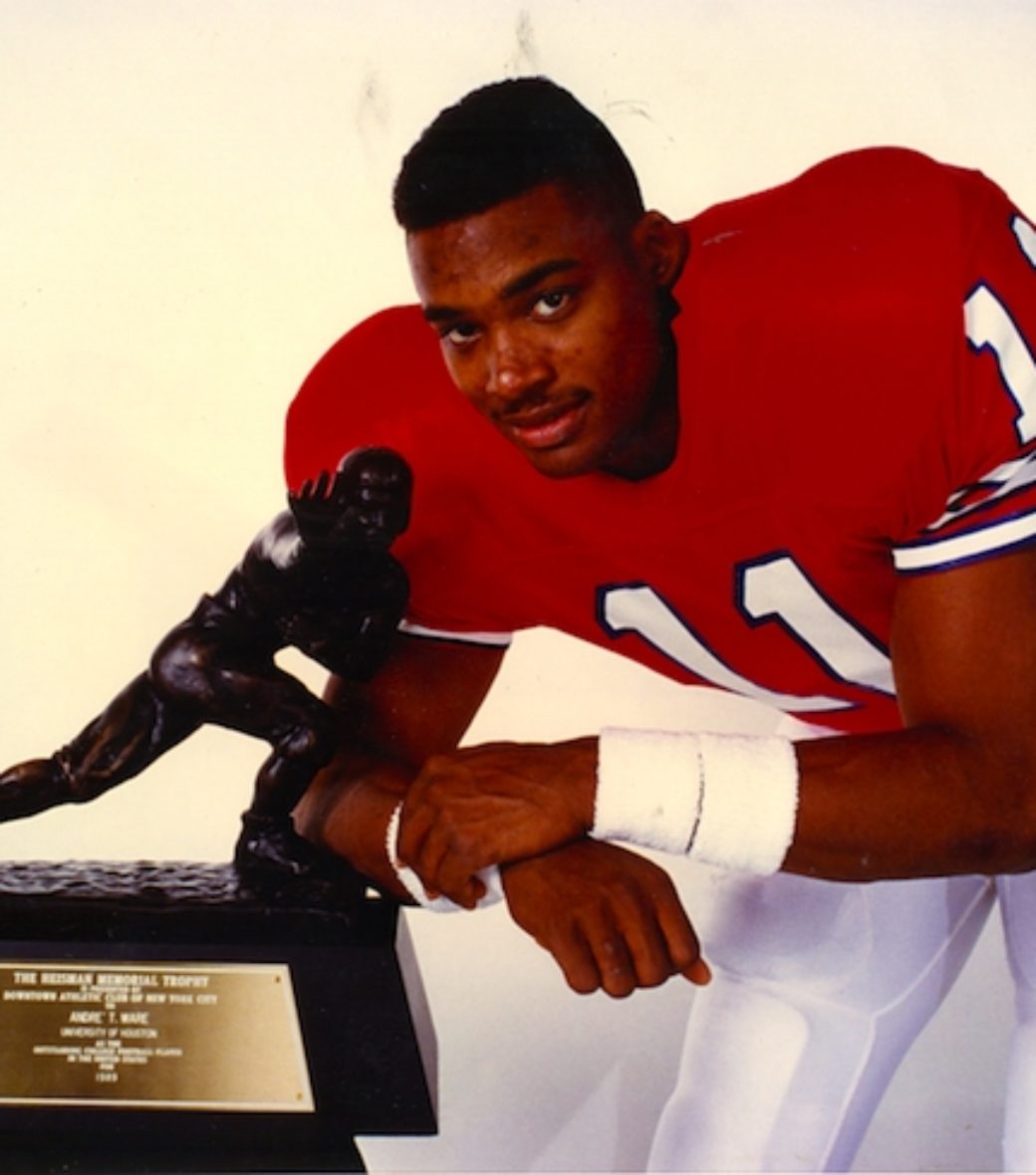 Andre Ware (1989): Andre Ware received the Heisman trophy in 1989 after an impressive run as the quarterback at University of Houston. (Courtesy of University of Houston Athletics)