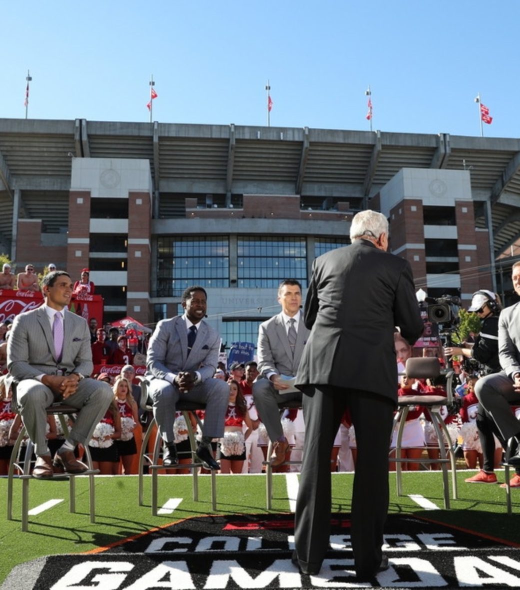 At Alabama, Corso gives a cherished locker room speech to (seated, L-R) Pollack, Howard, Davis, and Herbstreit. (Allen Kee/ESPN Images)