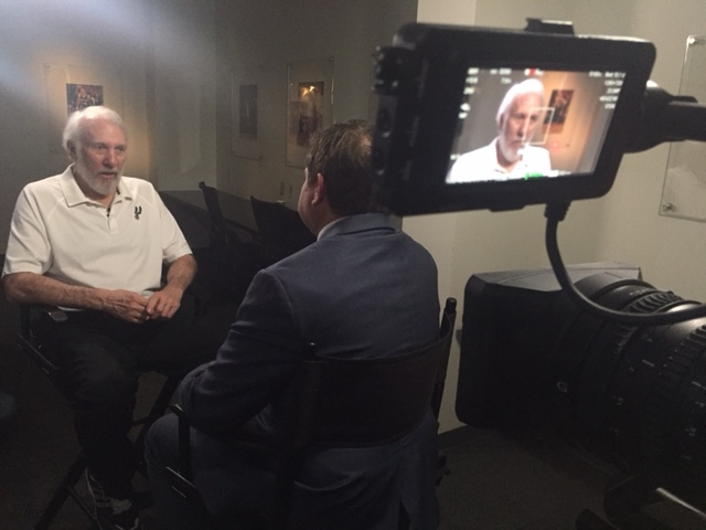ESPN's Marc Stein interviews San Antonio Spurs head coach Gregg Popovich (facing camera). (Photo courtesy of Marc Stein)