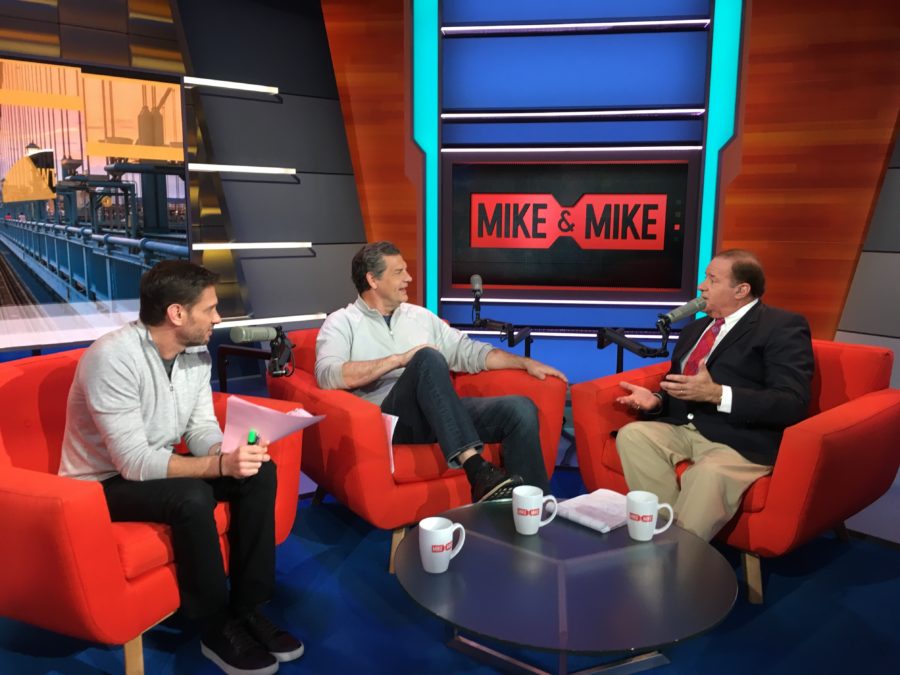 Mike Greenberg (L) and Mike Golic welcomed Chris Berman (R) to Mike & Mike this morning. (Josh Krulewitz/ESPN)