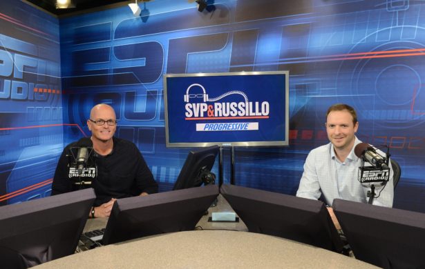 Dec. 2012: Scott Van Pelt (L) and Ryen Russillo on the set of <em>SVP and Russillo</em>. (Rich Arden/ESPN Images)