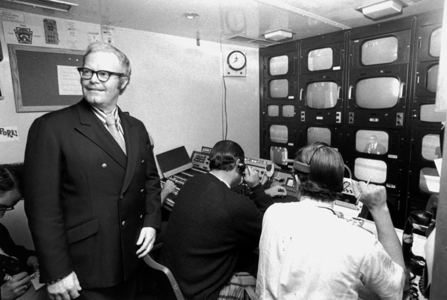 ABC executive Roone Arledge (standing) oversees the first Monday Night Football game played on Sept. 21, 1970.  (ABC Sports)