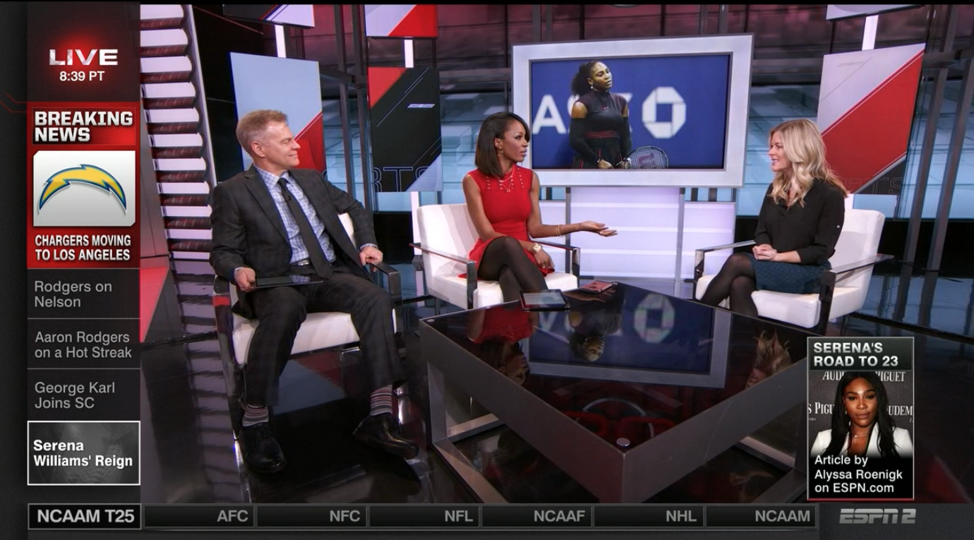 Alyssa Roenigk (right) on SportsCenter Coast to Coast with David Lloyd and Cari Champion.