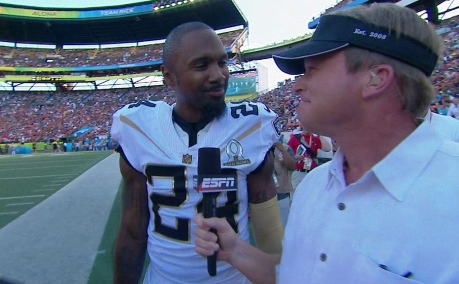 Before joining ESPN as an analyst this season, Charles Woodson (L) closed his brilliant NFL career playing in the 2016 Pro Bowl. Jon Gruden, his onetime coach when they were Oakland Raiders, interviews him here. 