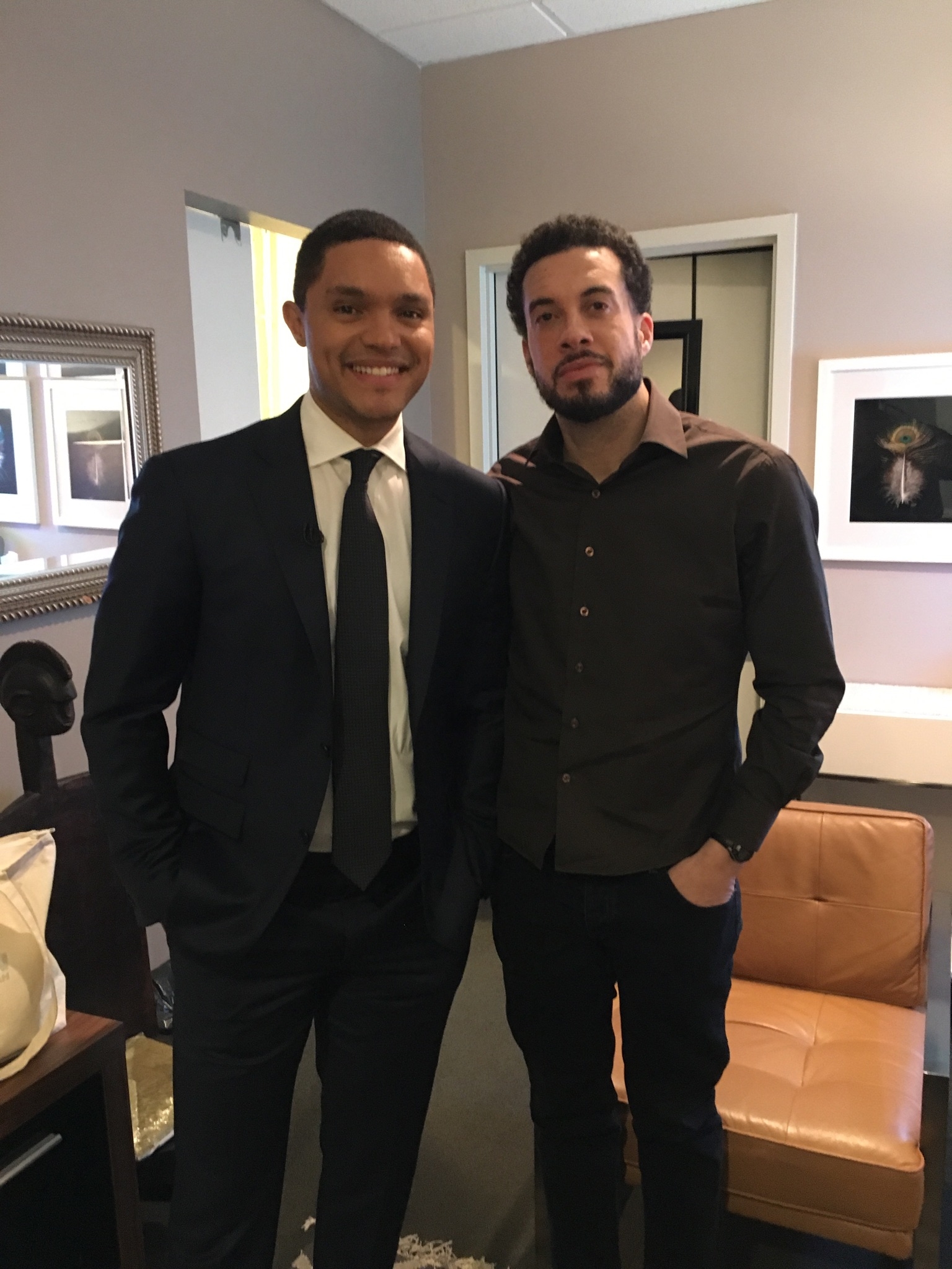 Ezra Edelman and Trevor Noah in the green room at “The Daily Show” before the taping. (Libby Geist/ESPN Films)