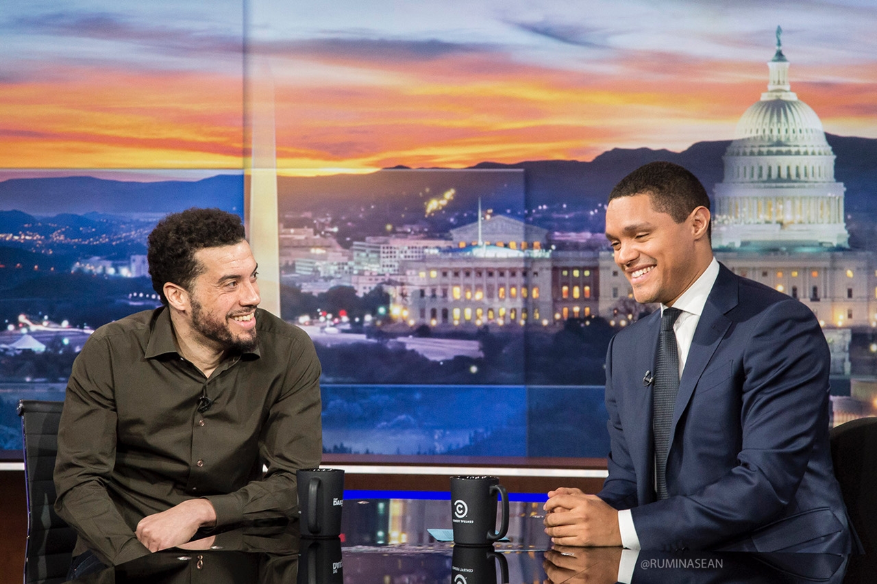  Ezra Edelman and Trevor Noah during a taping of “The Daily Show” on February 16. (Photo courtesy of The Daily Show)