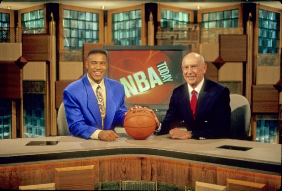 In this 1994 shot,  host Mark Jones (L) shares the The NBA Today set with analyst Jack Ramsay.  (John Atashian/ESPN Images)