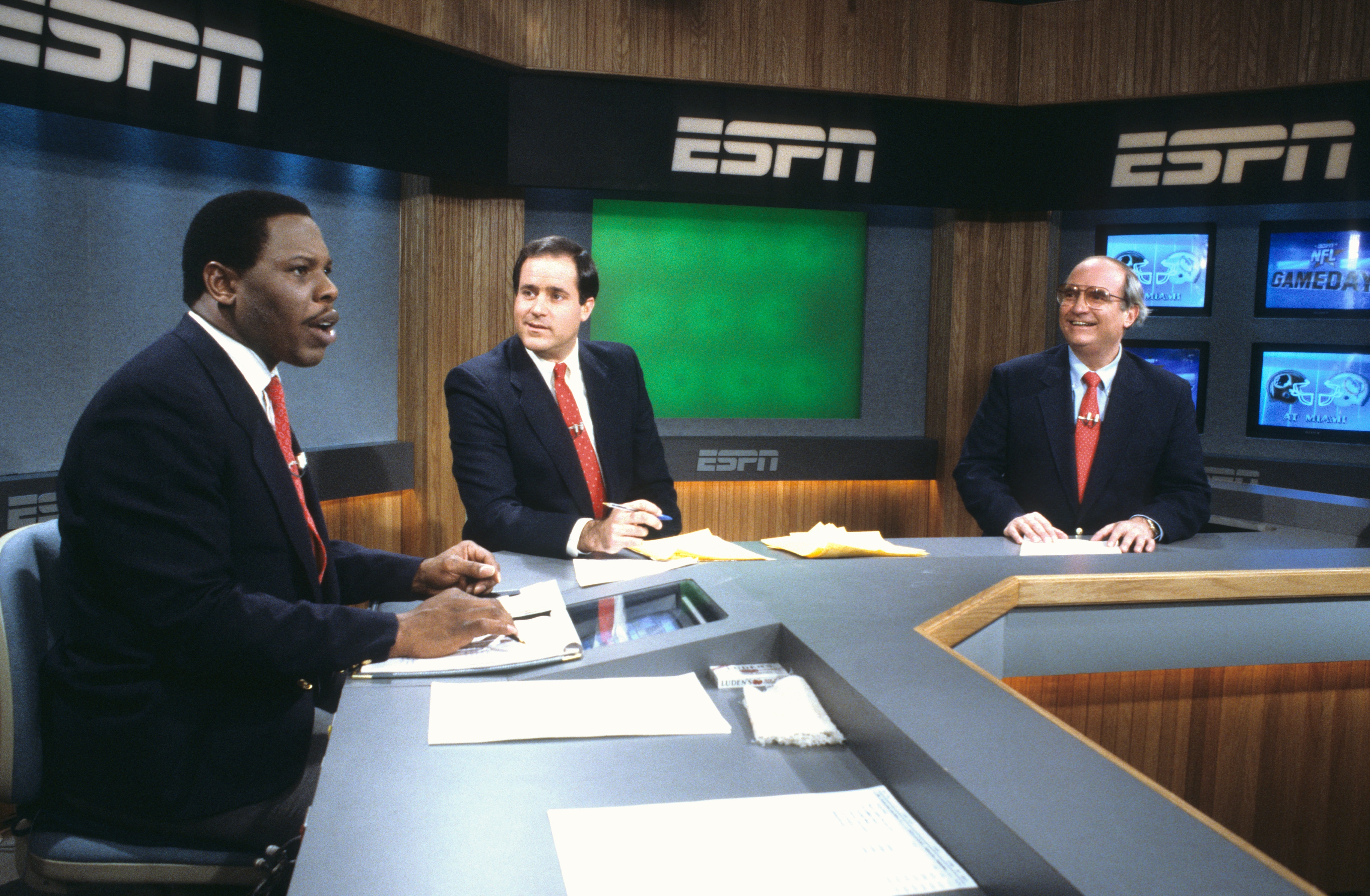 1987: NFL Hosts Tom Jackson, Chris Berman and Pete Axthelm are shown working on the studio set. (Rick LaBranche/ESPN Images)