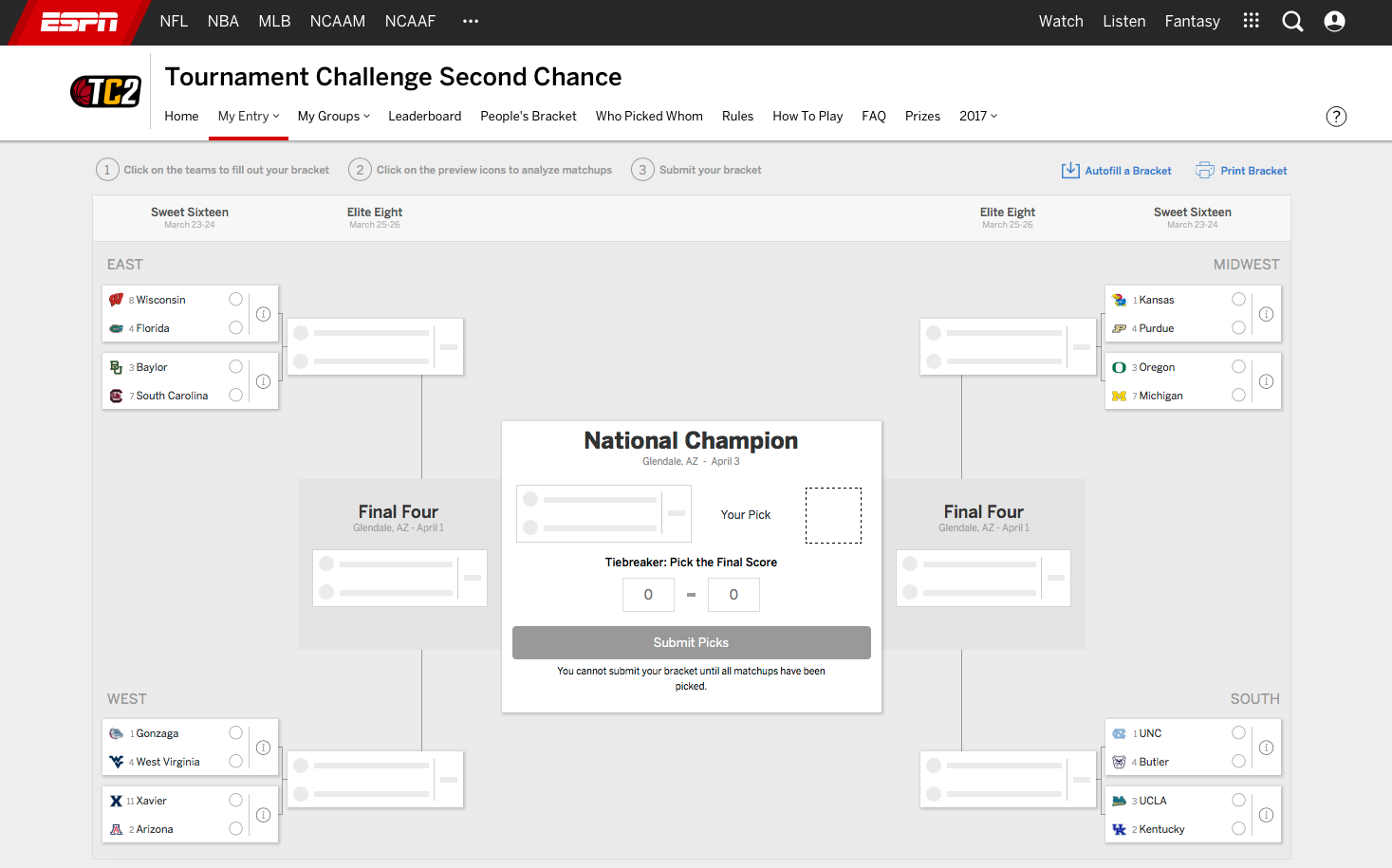 Tournament Challenge Second Chance brackets.
