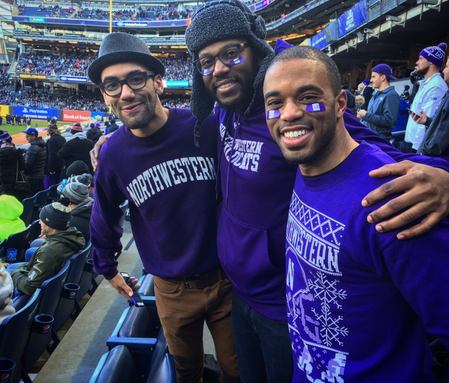 Coley Harvey (R) joined fellow Northwestern fans to watch the 'Cats football team play in the 2016 Pinstripe Bowl. (Coley Harvey/ESPN)