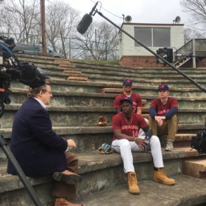 Peter Keating interviews members of Forest Trail University’s former baseball team, now renamed the Renegades. (Carolyn Hong/ESPN). (Carolyn Hong/ESPN)