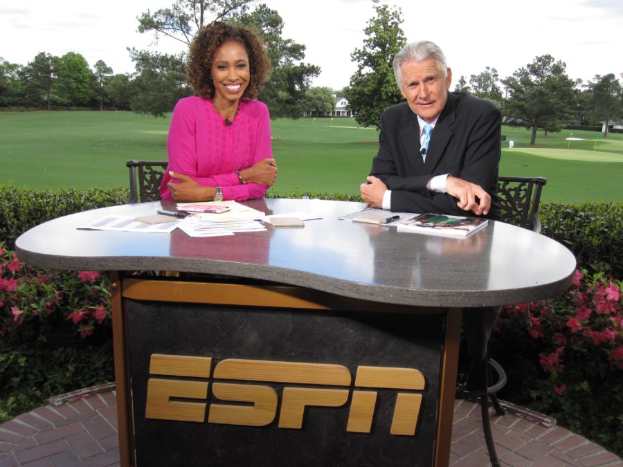 ESPN golf analyst Andy North on the SportsCenter set at the Masters with anchor Sage Steele. (Andy Hall/ESPN)