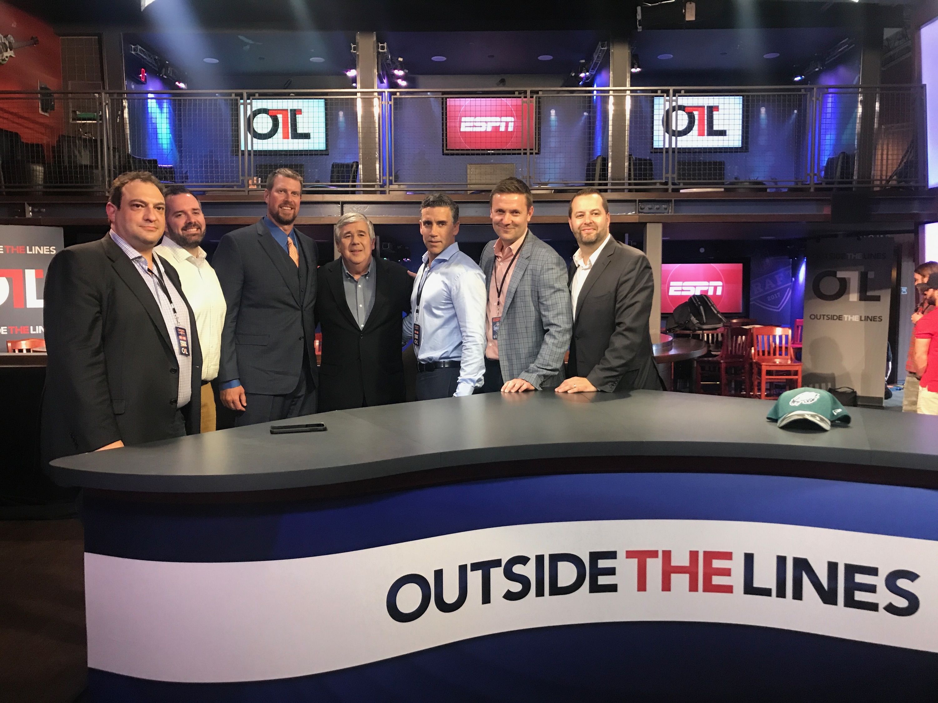 ESPN Producers David Sarosi, Ben Houser and Andy Tennant with Ryan Leaf, Bob Ley, and Ryan Leaf’s team on set of Outside the Lines in Philadelphia. (Molly Mita/ESPN)
