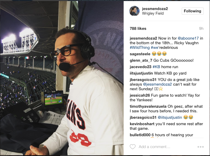 Aaron Boone's Sunday Night Baseball colleague Jessica Mendoza captured his late-inning transformation at Wrigley Field. (Photo courtesy of Jessica Mendoza's Instagram feed/ESPN)