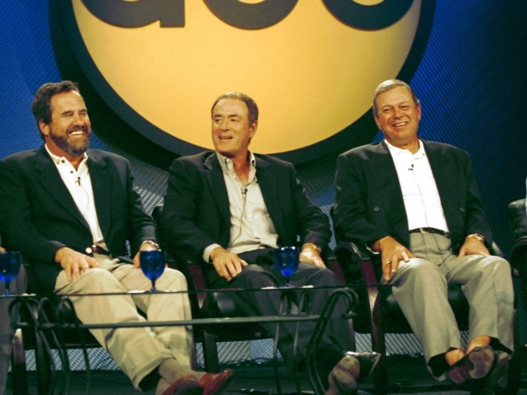 2000: ABC SUMMER PRESS TOUR – MONDAY NIGHT FOOTBALL L to R: Dan Fouts, Al Michaels, Don Ohlmeyer. (Courtesy ABC, Photographer: Scott Garfield)