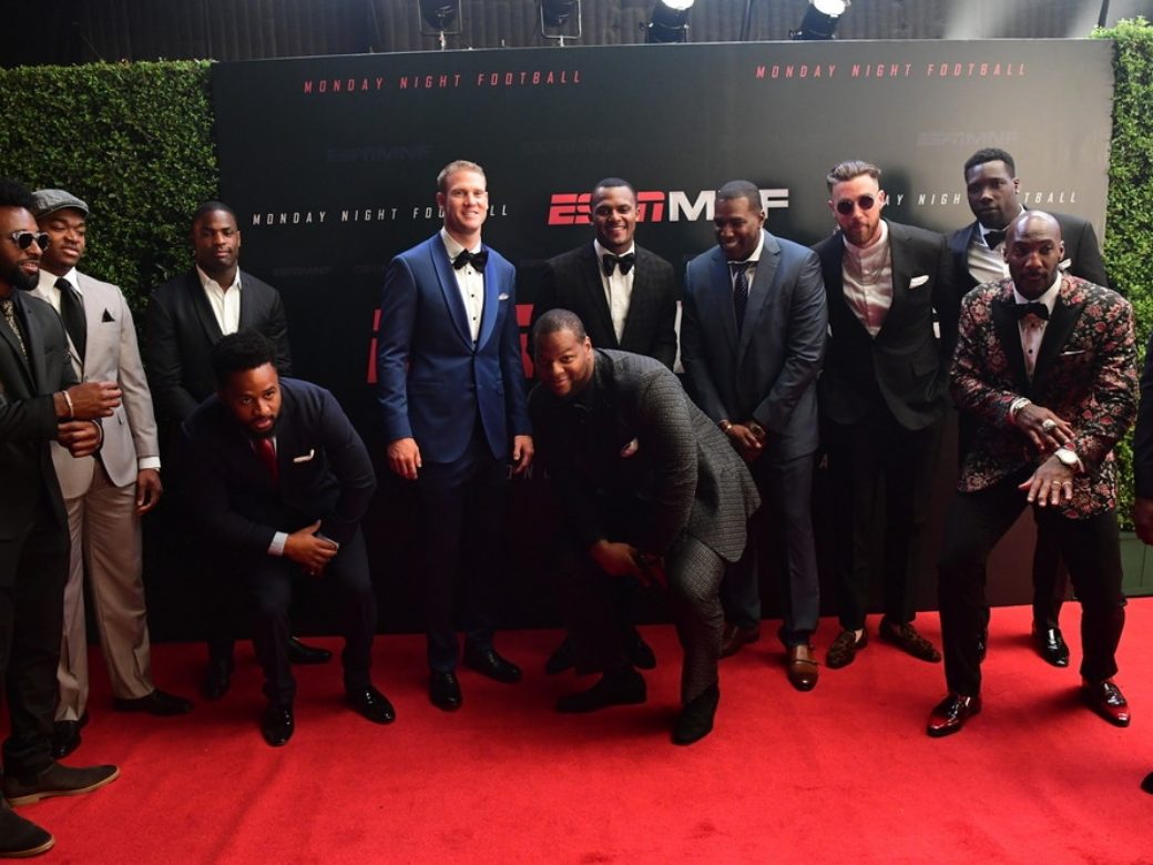 (L to R) Jarvis Landry, Amari Cooper, DeMarco Murray, Earl Thomas, Ryan Tannehill, Ndamukong Suh, Deshaun Watson, Antonio Gates, Travis Kelce, Jason Pierre-Paul and Aqib Talib during an ESPN shoot for the 2017 Monday Night Football red carpet open (Scott Clarke/ESPN Images)