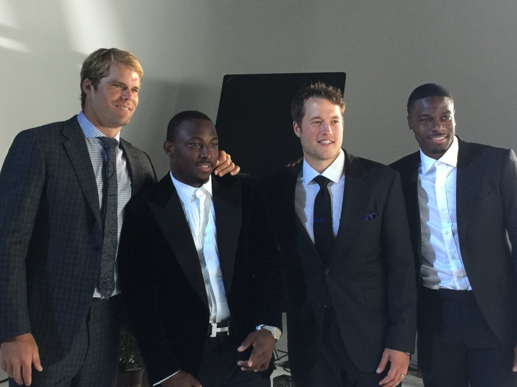 Greg Olsen (Carolina Panthers), LeSean McCoy (Buffalo Bills), Matthew Stafford (Detroit Lions) and A.J. Green (Cincinnati Bengals) during a MNF open shoot (Sharee Stephens/ESPN)