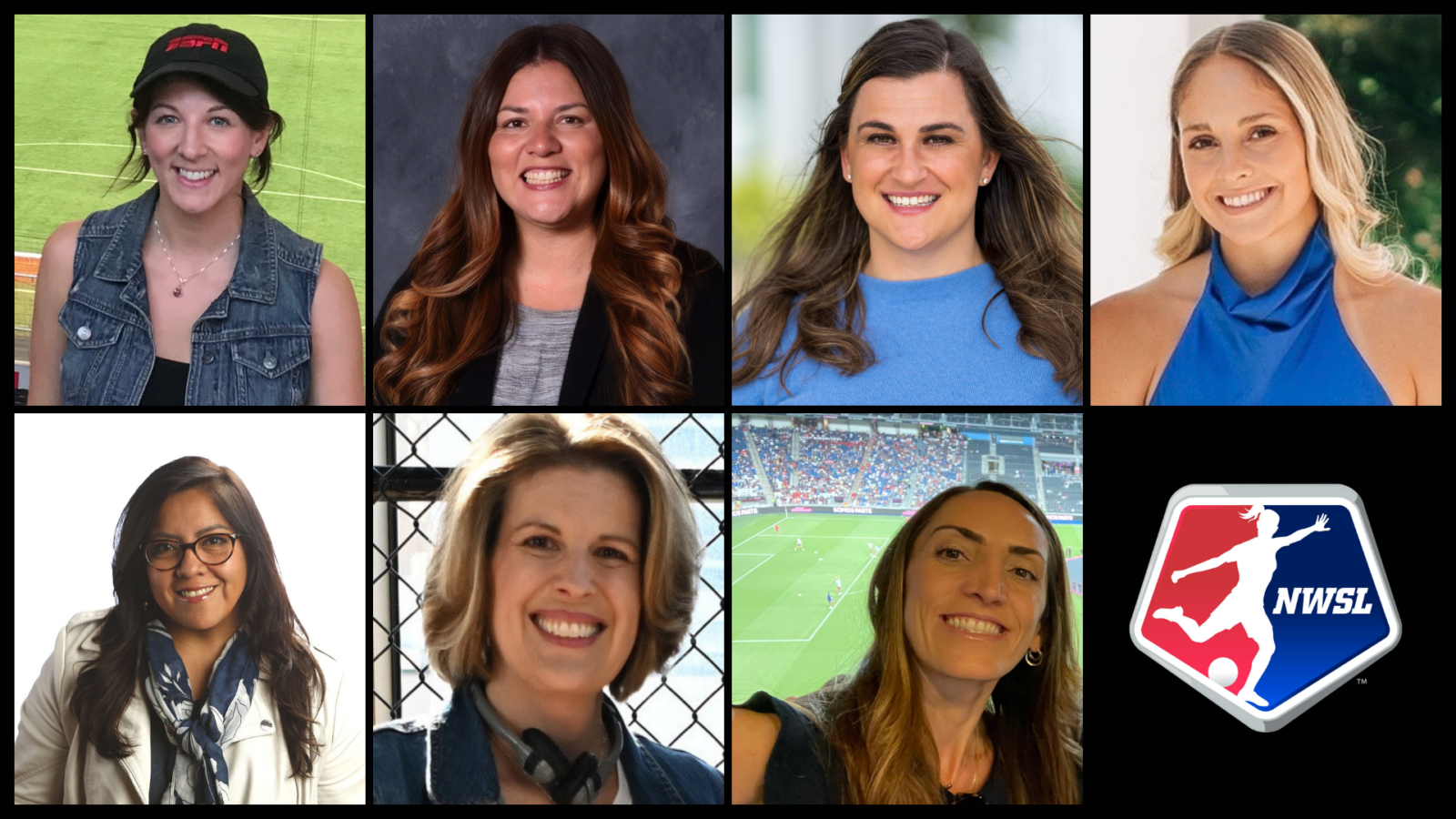 (Top, L-R): Amber Gardner; Sonia Gomez; Amanda Anderson; Catherine Jeffers; (Bottom, L-R): Gisela Leyva; Cheryl DiCarlo; Carolina Atwood; NWSL logo. (Photos courtesy of people depicted; Illustration: Rich Arden/ESPN)