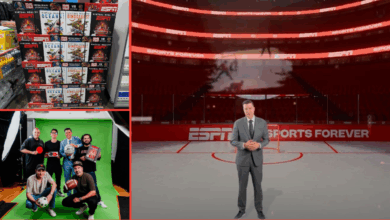 Top Left: launching “Virtual Reality, ESPN" Costco display; Bottom Left: Team that worked on the project; Right: SportsCenter, NHL and WWE Content host Arda Öcal filming the experience.