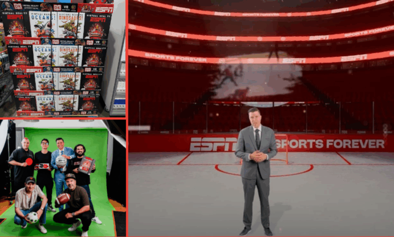 Top Left: launching “Virtual Reality, ESPN" Costco display; Bottom Left: Team that worked on the project; Right: SportsCenter, NHL and WWE Content host Arda Öcal filming the experience.