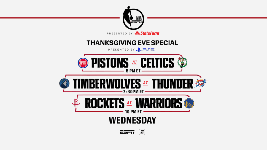 ESPN continues its annual tradition with the Thanksgiving Eve Special presented by PlayStation 5 on Wednesday, Nov. 26, featuring a blockbuster tripleheader presented by State Farm. The night delivers eight hours of NBA action, beginning at 5 p.m. ET.